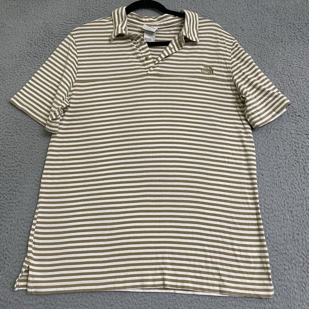 The North Face Men Polo Shirt Large Brown Striped Logo Golf Short Sleeve Collar